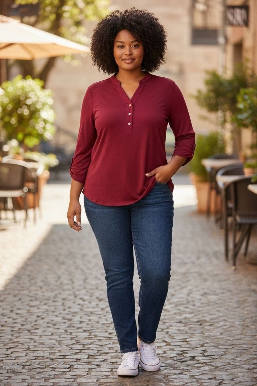 Per Seption Burgundy 3/4 Sleeve Henley Blouse XL